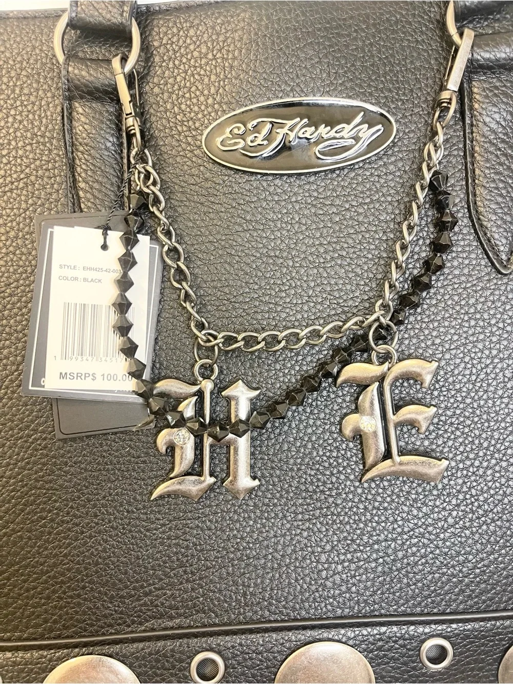 Ed Hardy Studded Black Tote with Silver Studs & Chain Charm